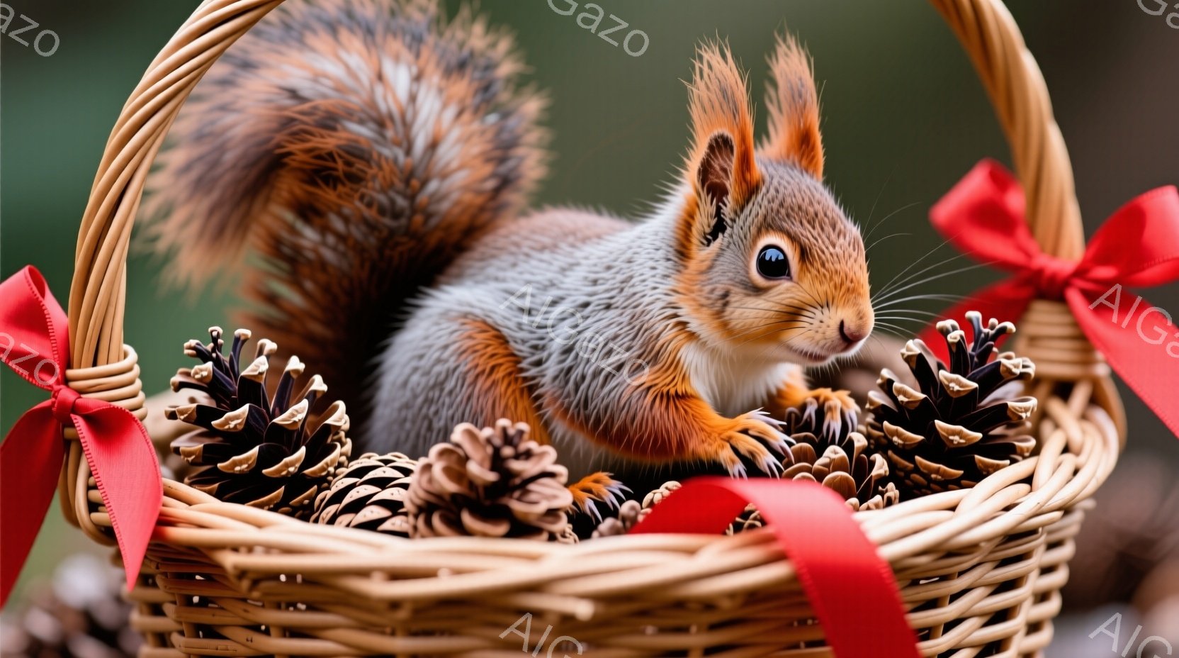 籠の中に、赤みのある茶色のリスが、多くの松ぼっくりに囲まれて座っています。リスは正面を見据え、つぶらな瞳と短い鼻が可愛らしい表情を作り出しています。赤いリボンが籠の持ち手に結ばれており、全体的に温かく、優しい雰囲気が漂っています。