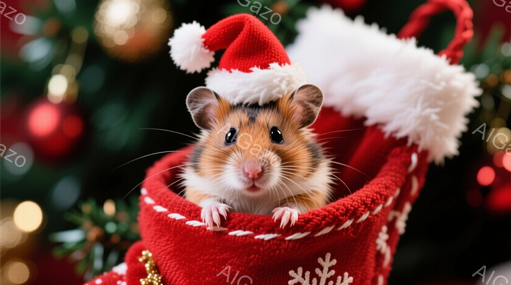 赤いクリスマスストッキングの中に、可愛らしいハムスターがちょこんと座っています。ハムスターは小さなサンタ帽を被り、つぶらな瞳でこちらを見つめており、無邪気な表情が印象的です。背景にはぼやけたクリスマスツリーの飾りが見え、暖かく幸せな雰囲気が漂っています。