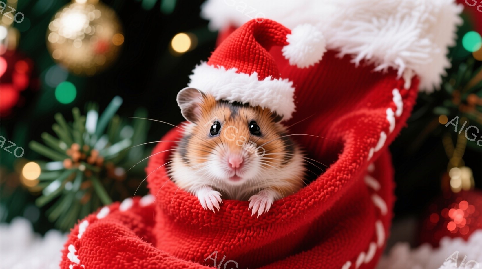 小さなハムスターが赤いクリスマスソックスに座っており、頭には白いフチのついたサンタ帽をかぶっています。その表情は好奇心と少しの不安が混じり、前足はソックスの縁につかまり、丸い体を丸めて座っています。背景には緑色のクリスマスツリーとぼやけたイルミネーションがあり、冬の暖かくお祝いの雰囲気を醸し出しています。