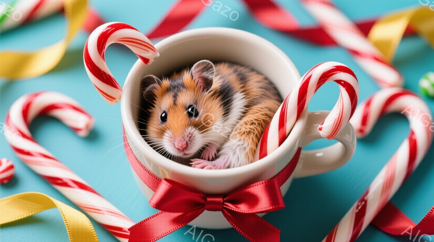 白いカップの中に、小さなハムスターが丸まって座っています。鮮やかな赤いリボンがカップに結ばれ、周りには赤と白のキャンディケーンや黄色いリボンが散りばめられています。背景は水色で、全体的に暖かく、クリス - AI生成フリー素材
