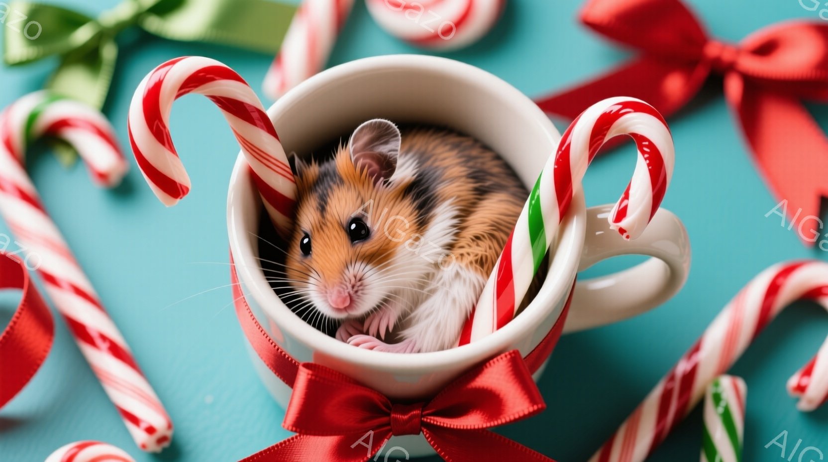 白いカップの中に、小さなハムスターが丸まって座っています。背景は明るい水色で、カップの周りには赤と白のキャンディケーンや赤いリボンが散りばめられており、クリスマスの雰囲気を醸し出しています。ハムスター - AI生成フリー素材