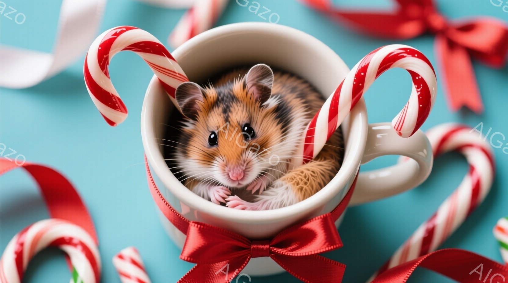 白いカップの中に、オレンジと白の毛並みを持つ小さなハムスターが丸まって座っています。ハムスターは黒い目を大きく見開き、少し緊張した様子でこちらを見ています。カップは赤いリボンで飾られ、背景には青いキャ - AI生成フリー素材