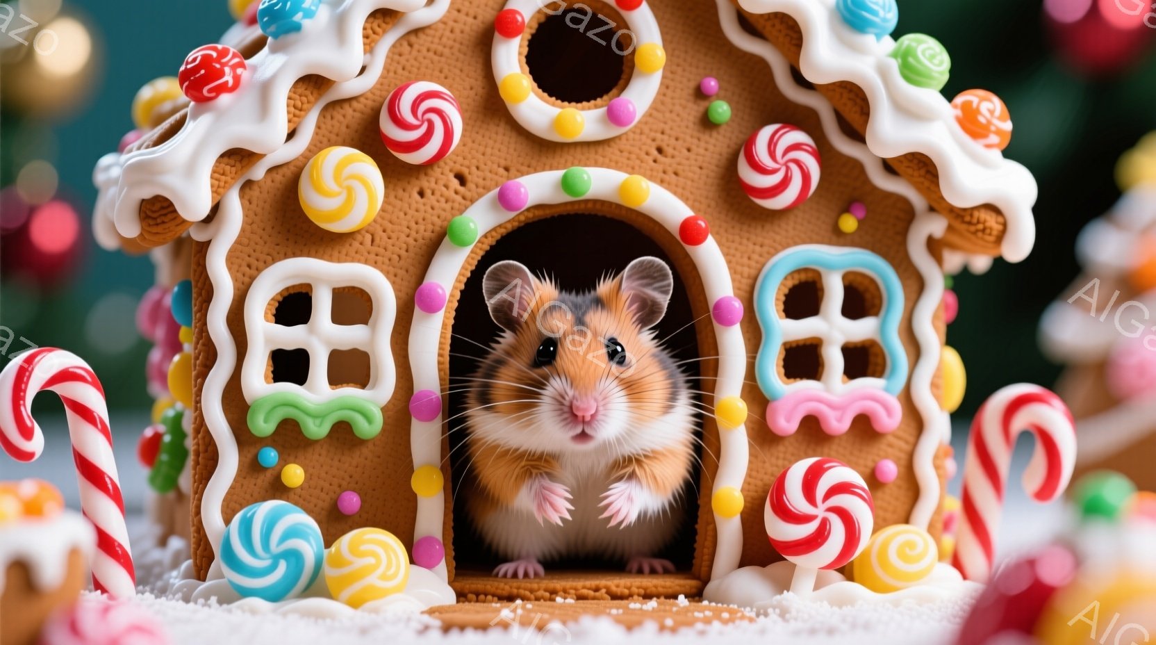 小さなハムスターが、お菓子で飾られたジンジャーブレッドハウスの入り口から顔を出しています。ハムスターは白い体毛で覆われ、好奇心と少しの戸惑いが入り混じった表情で、こちらを見つめています。背景には色とり - AI生成フリー素材