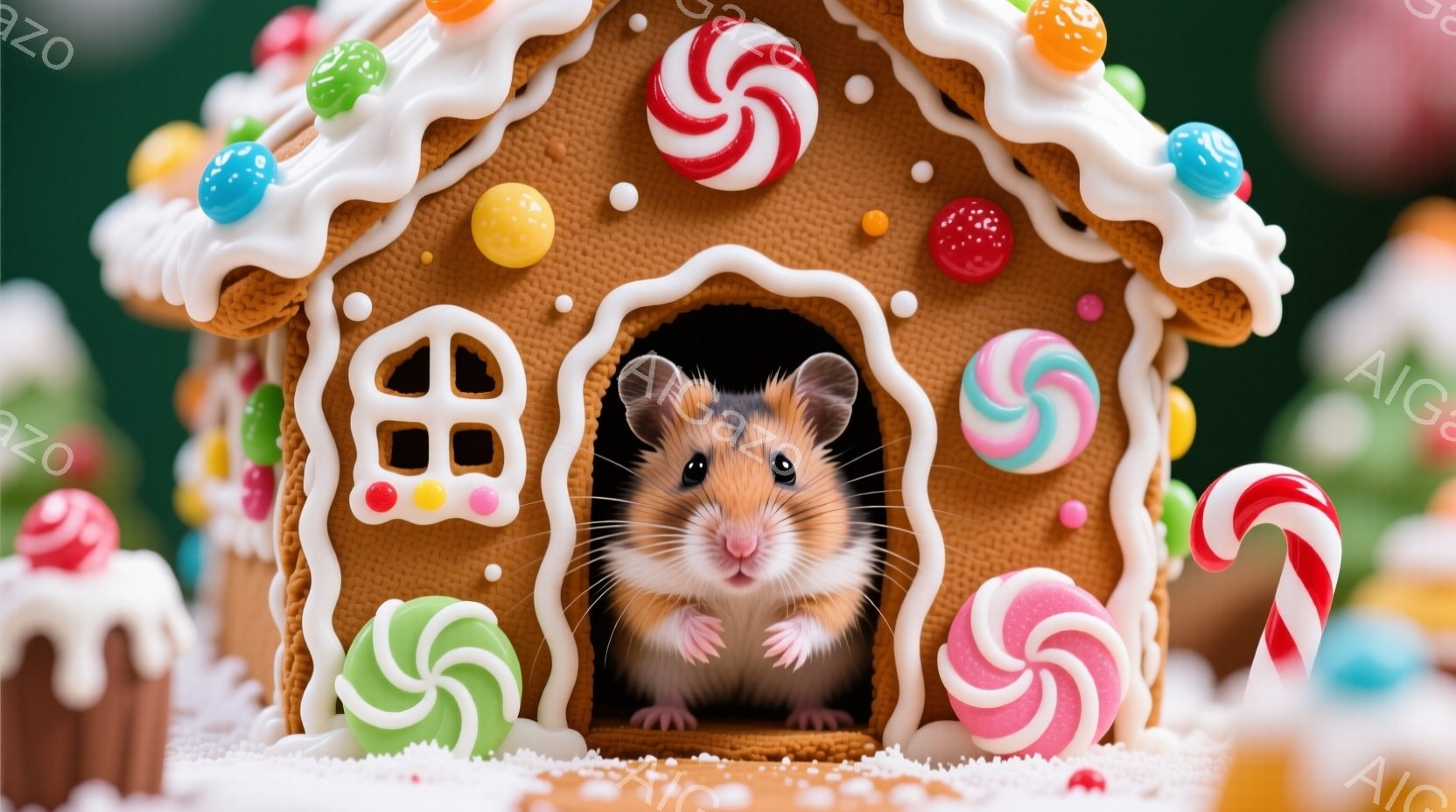可愛らしいハムスターが、お菓子で飾られたジンジャーブレッドハウスから顔を出しています。ハムスターはピンク色の小さな足でハウスの入り口に寄りかかり、好奇心と少しの戸惑いが見える表情でこちらを見ています。 - AI生成フリー素材