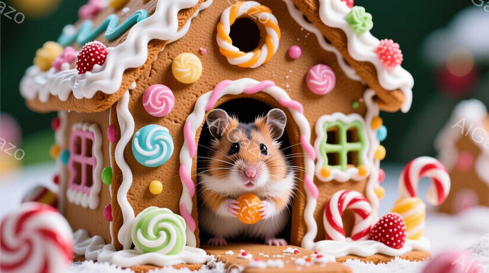 小さなハムスターが、お菓子で飾られたジンジャーブレッドハウスの入り口から顔を出しています。ジンジャーブレッドハウスはカラフルなキャンディー、ペパーミント、グミなどで飾られ、雪の上に置かれています。全体的に、可愛らしく、お祝いの雰囲気で、クリスマスの季節を連想させます。