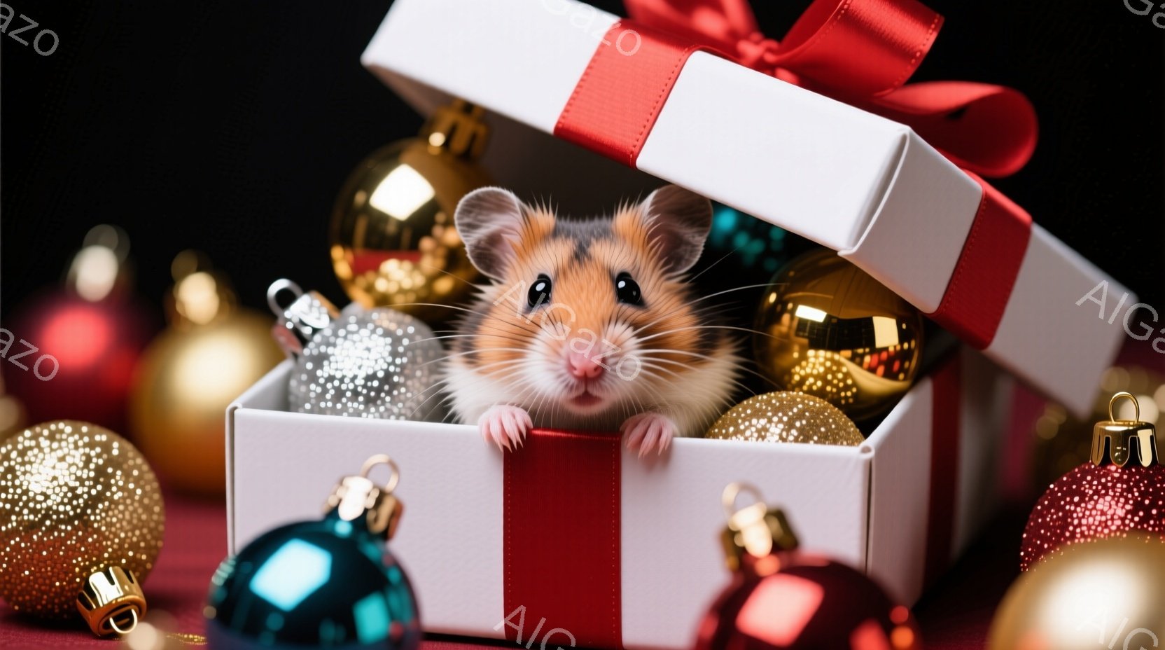 小さなハムスターが赤いリボンで結ばれた白いギフトボックスの中から顔を出しています。周りには様々な色と質感のクリスマスオーナメントが散りばめられ、背景は暗い色調で、温かくお祝いムードを醸し出しています。 - AI生成フリー素材