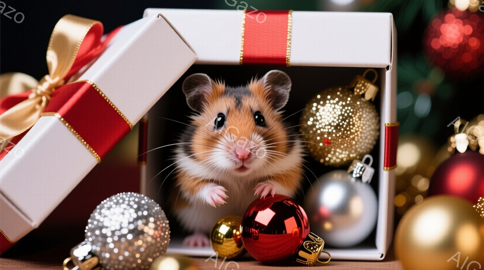 白いギフトボックスの中から、可愛らしいハムスターが顔を出しています。ハムスターは茶色と白の毛並みで、つぶらな瞳でカメラを見つめており、おとなしい表情をしています。背景には、赤や金色のクリスマスオーナメントが散りばめられ、暖かい祝祭の雰囲気を醸し出しています。