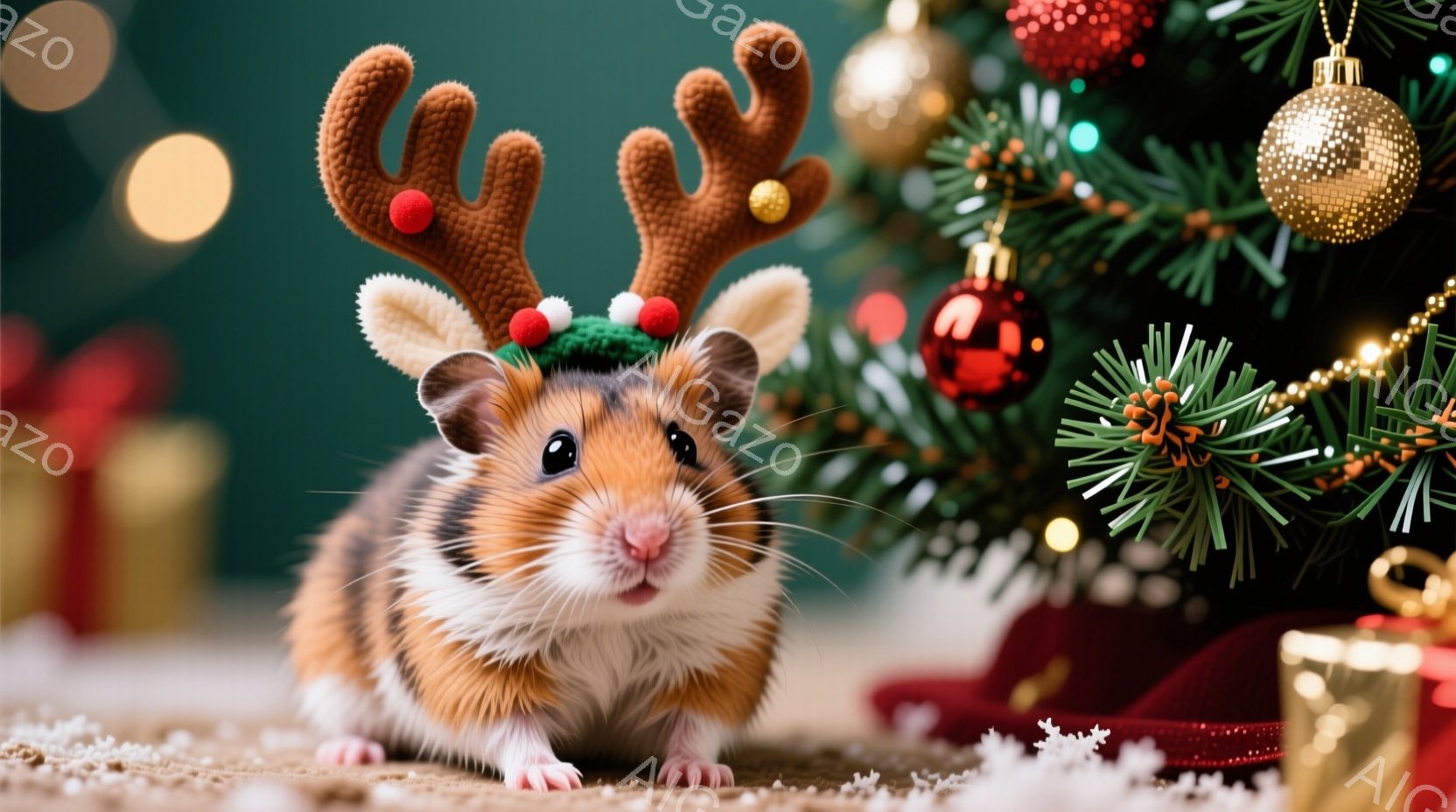ハムスターがクリスマス用のトナカイの角の帽子をかぶって正面を見つめています。背景にはクリスマスツリーとプレゼントが置かれ、雪が舞っているような演出がされています。全体的に暖かく、可愛らしいクリスマスの - AI生成フリー素材