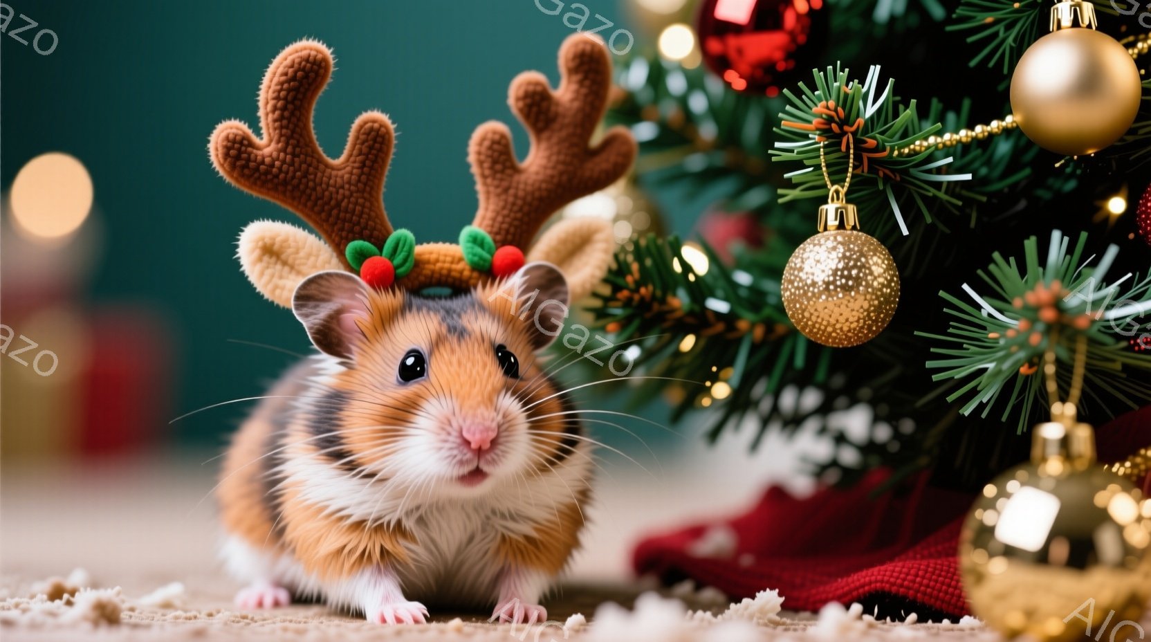 小さなハムスターが、クリスマスをテーマにした衣装を着て、カメラの方を見ています。そのハムスターは、クリスマスツリーの近くに座り、赤い服とトナカイの角を身に着けており、とても可愛らしい表情をしています。 - AI生成フリー素材