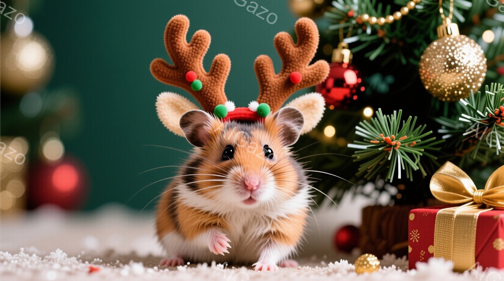 ハムスターがクリスマスらしいトナカイの角と帽子を身に着けています。ちょこんと座り、少し緊張した表情でカメラを見つめており、背景には緑色のクリスマスツリーや赤いプレゼント箱が見えます。全体的に暖かく、可愛らしいクリスマスの雰囲気が漂っています。