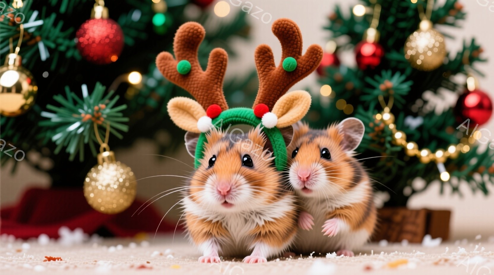 ハムスターが2匹、クリスマスツリーの前に座り、それぞれ鹿の角のヘッドバンドをつけています。彼らは正面を向いており、少し緊張した可愛らしい表情をしています。背景には、飾り付けられたクリスマスツリーがあり、キラキラと輝くオーナメントと暖かい光が、祝祭の雰囲気を醸し出しています。