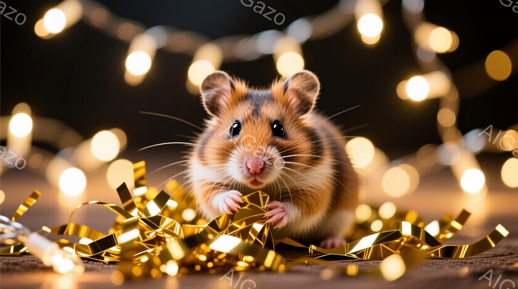 小さなハムスターが、金色のリボンと光のイルミネーションに囲まれて座っています。その表情は可愛らしく、少し驚いたような、または好奇心旺盛な様子を見せています。背景は暗く、ぼやけた光の粒子が幻想的な雰囲気 - AI生成フリー素材