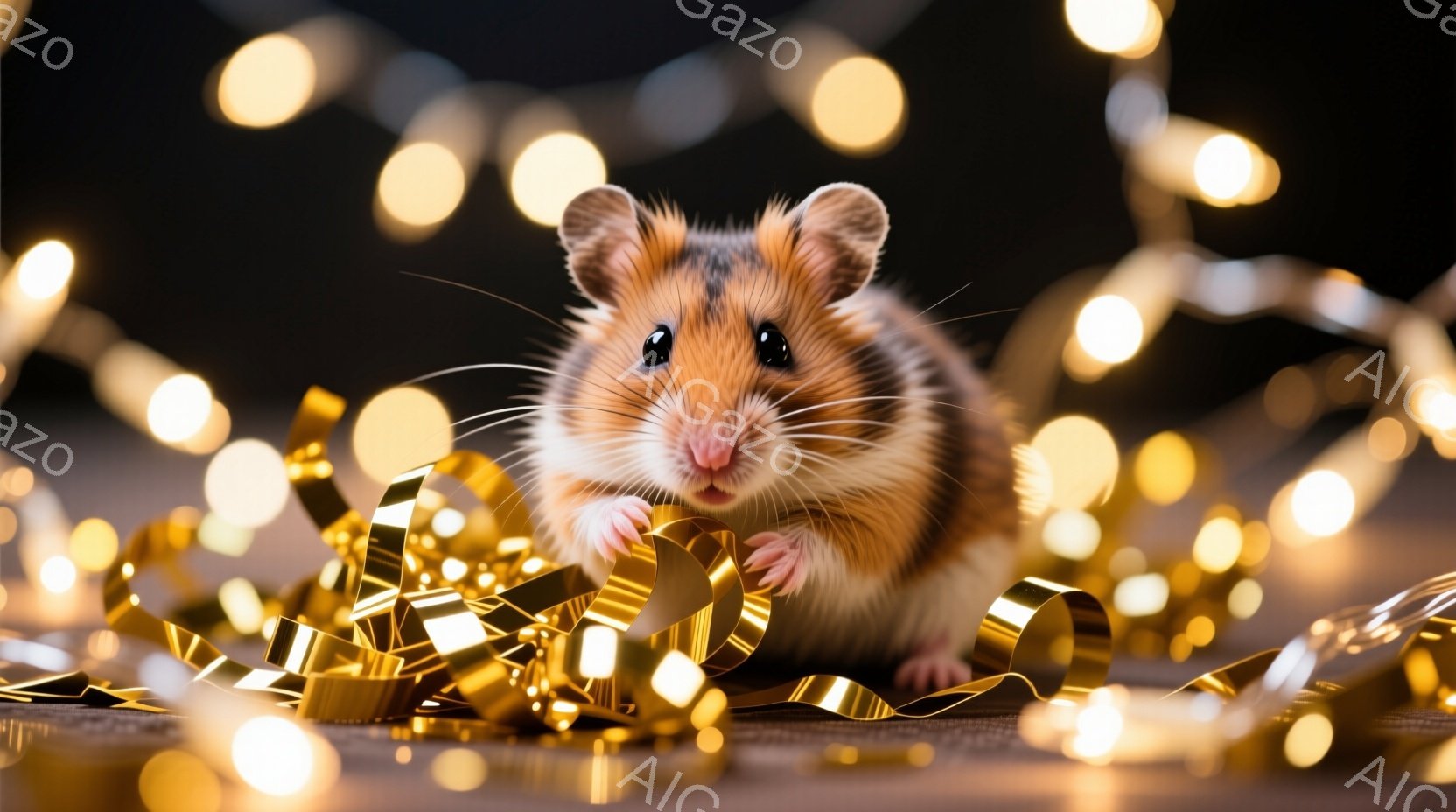 小さなハムスターがキラキラとした金色のリボンに囲まれて座っています。ハムスターは茶色と白の毛並みで、つぶらな瞳と小さな鼻が可愛らしい表情を見せています。背景にはぼやけた金色の光が散りばめられており、お祝いムードを演出しています。
