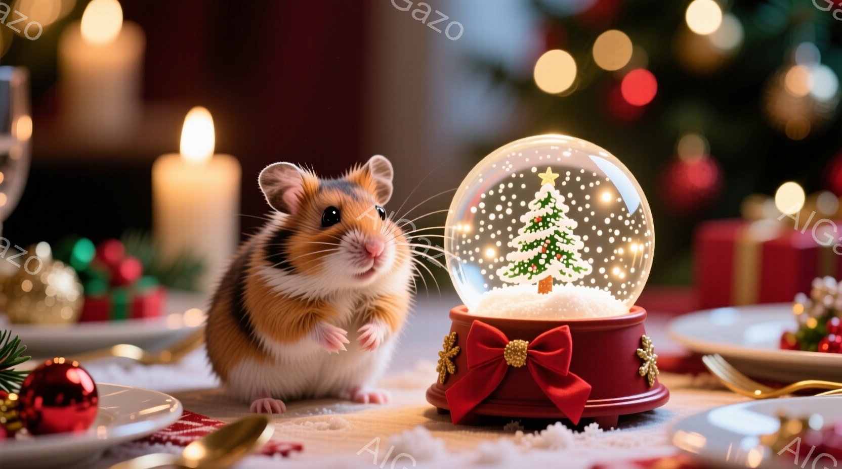 ハムスターが雪の降るクリスマスの置物（スノーグローブ）の前に立っています。ハムスターは茶色と白の毛並みで、前足を少し上げて好奇心旺盛な表情をしています。背景にはぼやけたクリスマスツリーと、暖かく穏やか - AI生成フリー素材