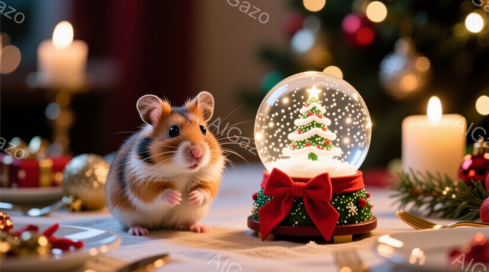 ハムスターがテーブルの上に立っており、正面を見据えています。背景には、雪が降るクリスマスの飾り付けとぼんやりとしたキャンドルの光があり、暖かくお祝いムードを醸し出しています。クリスマスの雪の玉がハムス - AI生成フリー素材