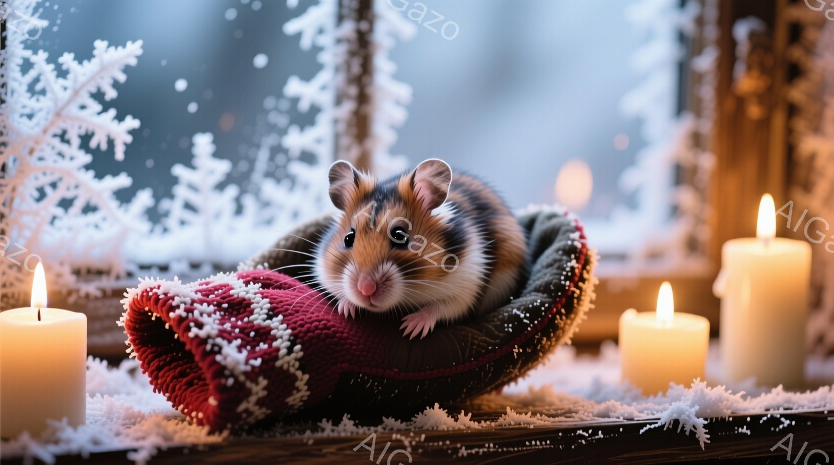小さなハムスターが、赤と茶色の編み物のベッドに丸まって座っています。背景にはぼやけた窓があり、雪の結晶が描かれ、両脇には灯されたキャンドルが暖かく照らしています。全体的に、冬の静けさと温かさを感じさせ - AI生成フリー素材