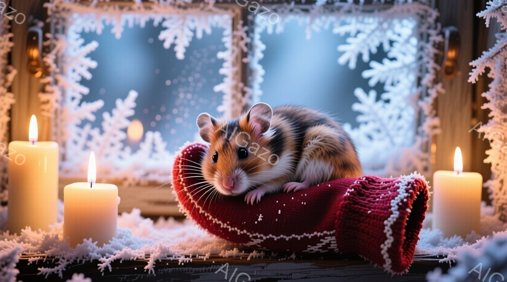 小さなハムスターが赤い編み物のベッドに横たわっており、リラックスした表情をしています。背景には雪の結晶が描かれた窓と、両脇に灯されたキャンドルがあり、冬の暖かく穏やかな雰囲気を醸し出しています。木製の - AI生成フリー素材