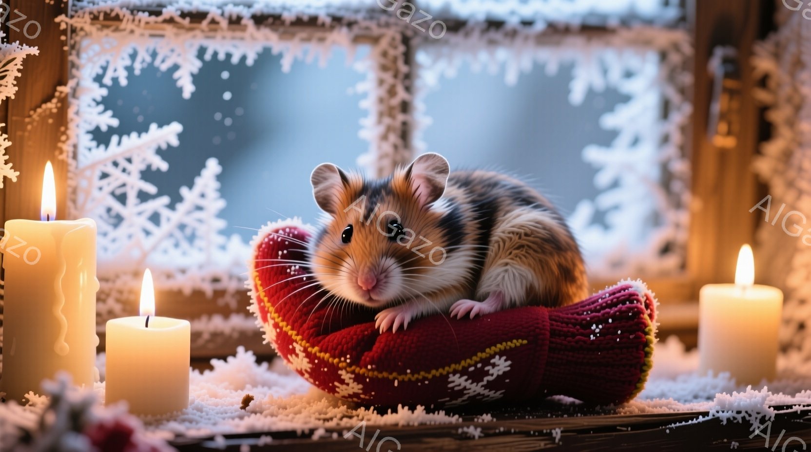 小さなハムスターが赤い編み物のベッドに丸まって座っています。背景には雪模様の窓があり、周りには白い雪と点灯したキャンドルが置かれ、暖かく穏やかな冬の雰囲気が漂っています。ハムスターはリラックスした表情 - AI生成フリー素材