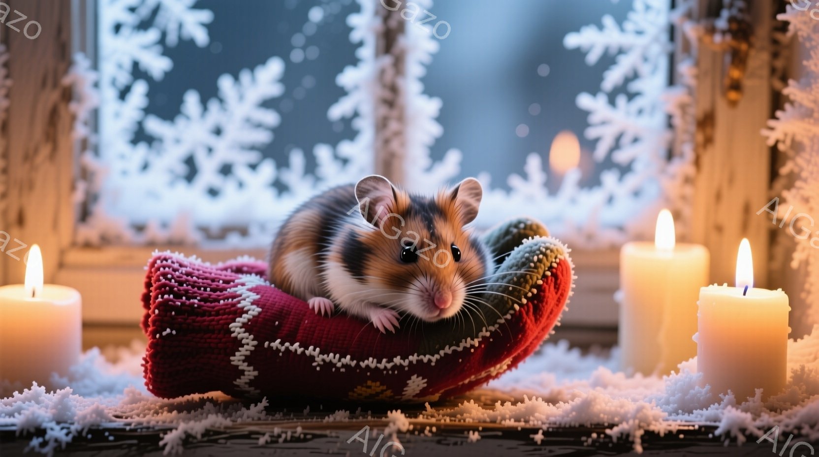 小さなハムスターが赤い編み物のベッドに座っており、丸い目でカメラを見ています。背景には雪の結晶が描かれた窓と、点灯したキャンドルが散りばめられた雪景色が広がっており、冬の暖かく幻想的な雰囲気を醸し出し - AI生成フリー素材