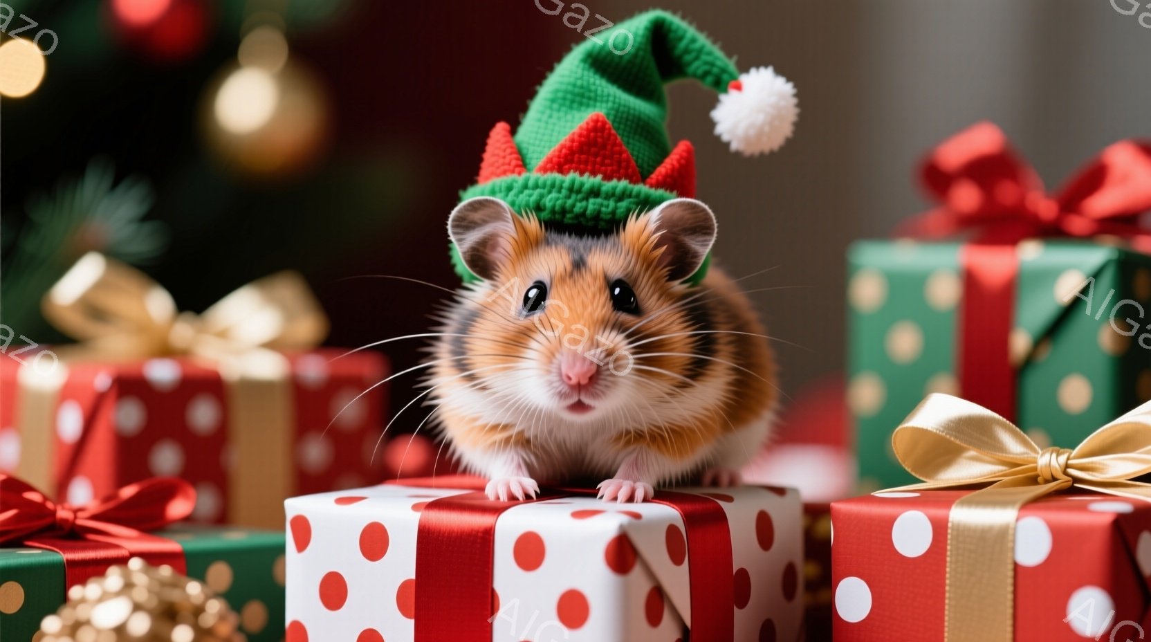 ハムスターがクリスマス柄のプレゼントの山の上に座っており、頭には赤いポンポンが付いた緑色の帽子をかぶっています。その表情は可愛らしく、前方をまっすぐ見つめており、全体的に暖かく、お祝いムードに満ちてい - AI生成フリー素材