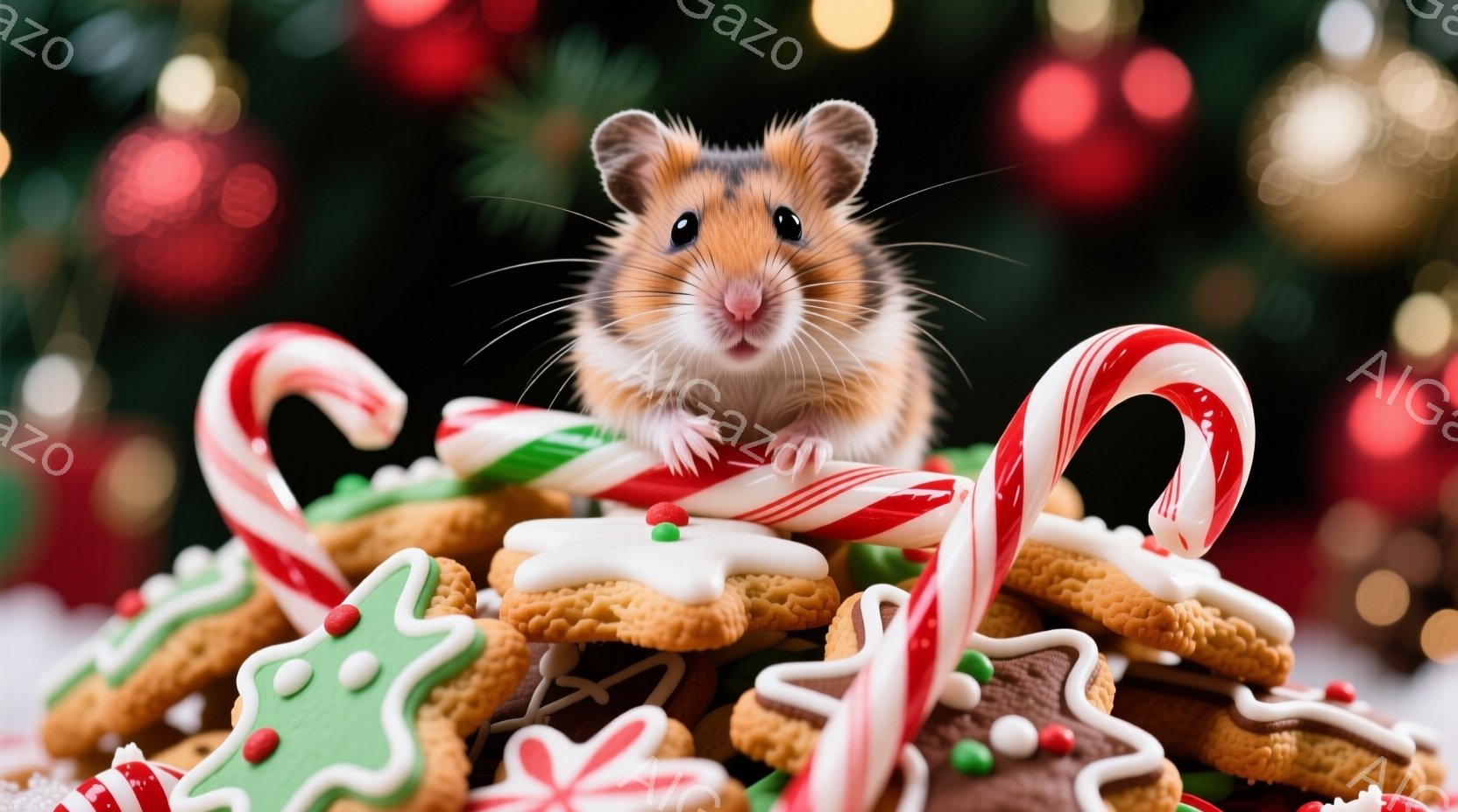 小さなハムスターが、クリスマスのクッキーやキャンディケーンの山の上にちょこんと座っています。ハムスターは茶色と白の毛並みで、丸い瞳でカメラを見つめ、愛らしい表情を浮かべています。背景にはぼやけたクリス - AI生成フリー素材