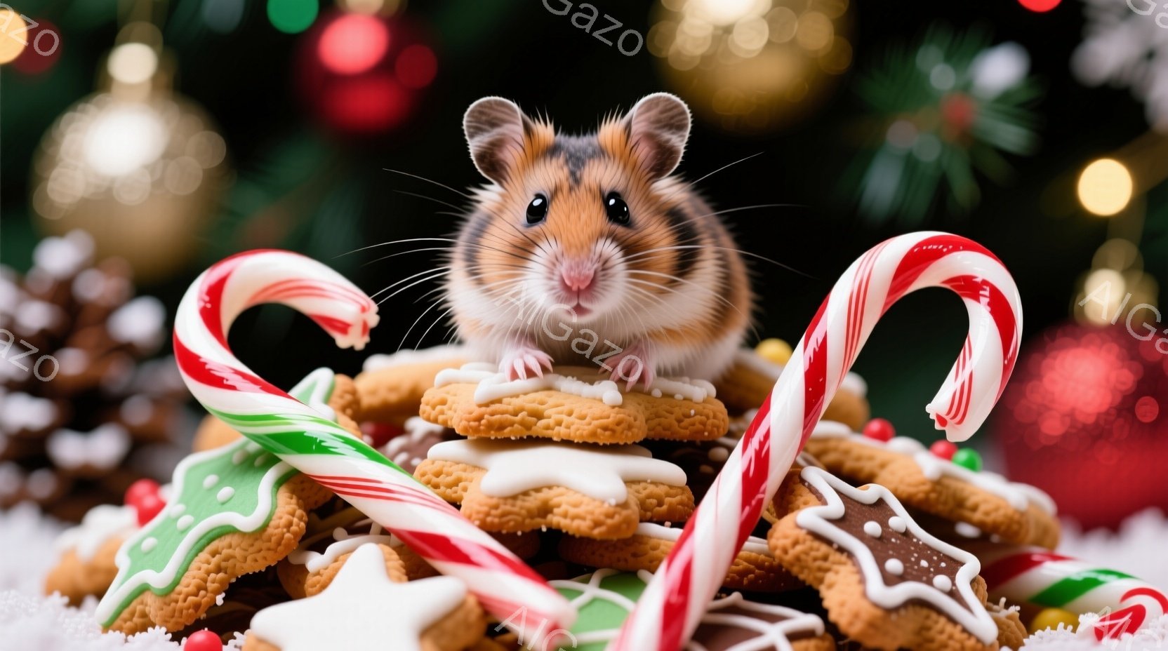 小さなハムスターが、クリスマスを象徴するキャンディケーンとアイシングで飾られたクッキーの山の上に座っています。ハムスターは丸い体で、少し上目遣いをしており、可愛らしい表情をしています。背景には、ぼやけ - AI生成フリー素材