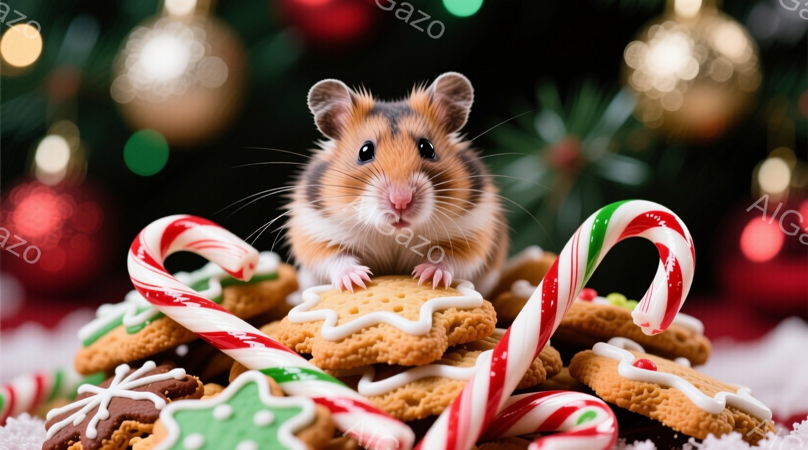 ハムスターがクリスマス風のクッキーとキャンディケーンの上に座っています。ハムスターは茶色と白の毛並みで、小さな前足でクッキーの上にちょこんと座り、好奇心旺盛な表情をしています。背景にはぼやけたクリスマ - AI生成フリー素材