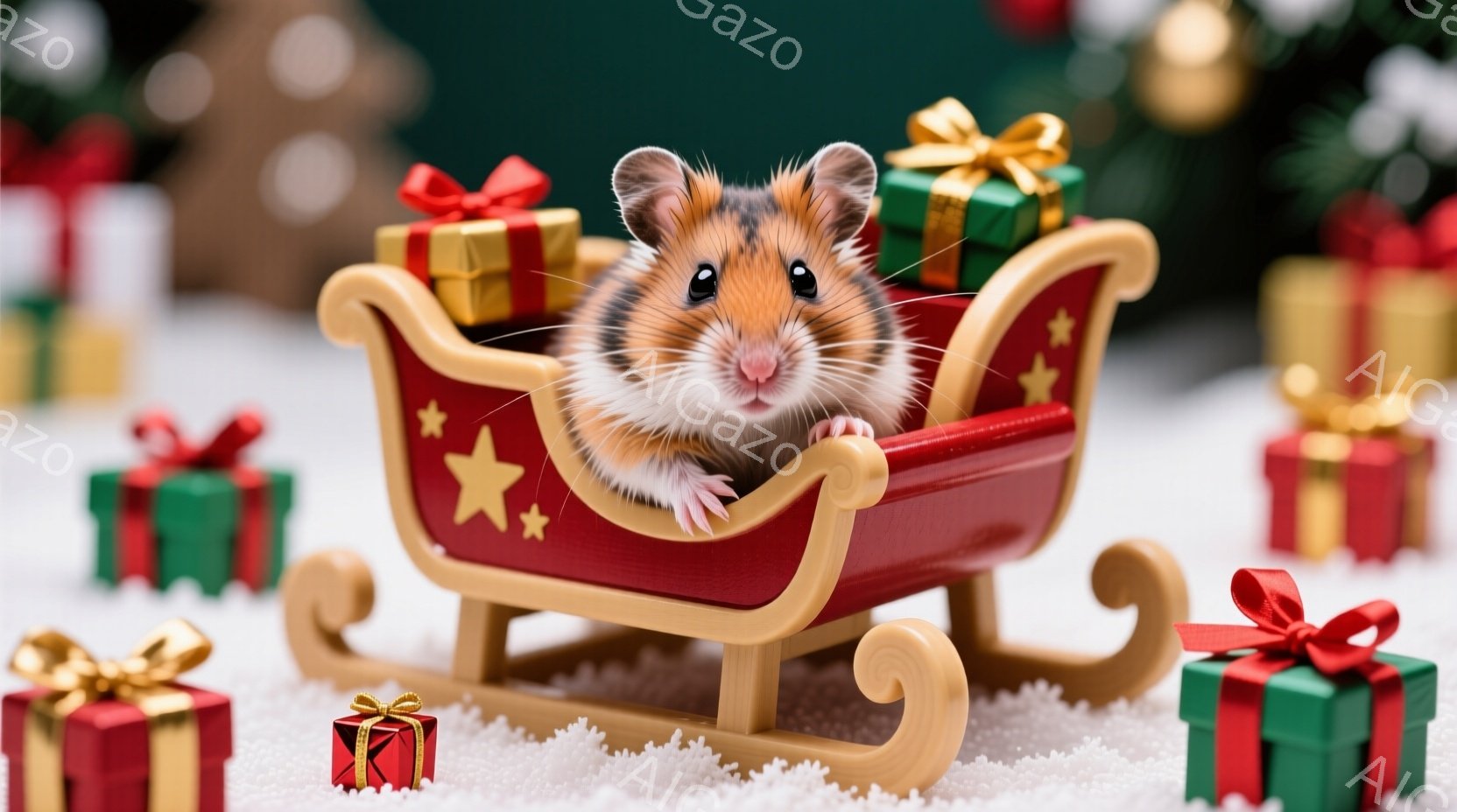 ハムスターが赤いそりに乗って、プレゼントの箱に囲まれています。ハムスターは前足をそりの縁につけ、嬉しそうな表情でこちらを見ています。背景には緑色のクリスマスツリーや白い雪が描かれ、全体的に暖かく、お祝 - AI生成フリー素材