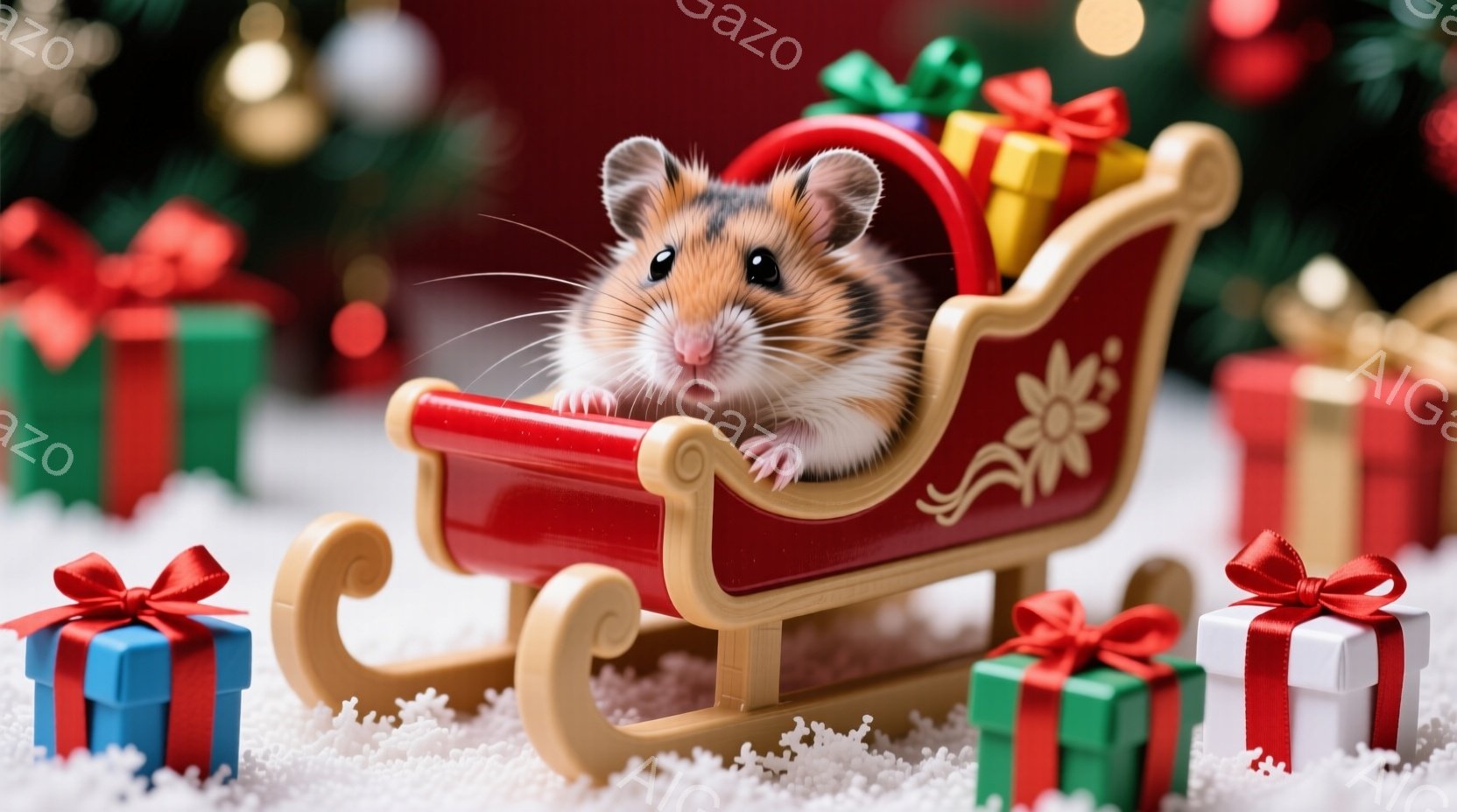 赤いそりに小さなハムスターが座っています。ハムスターは白と茶色の毛並みで、丸い目で前を見つめており、少し驚いたような表情をしています。背景にはプレゼントがいくつか置かれ、白い雪が敷き詰められ、クリスマスの温かく、お祝いムードが漂っています。