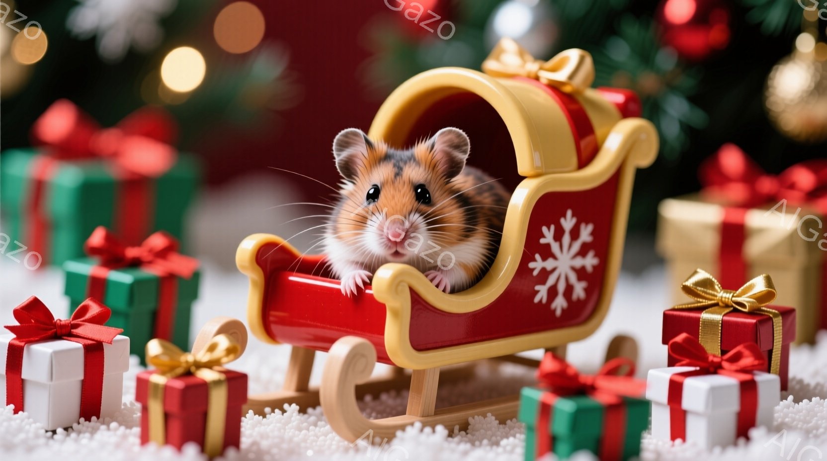 小さなハムスターが赤いそりに座っており、嬉しそうな表情でカメラを見つめています。周りにはリボンのかかったプレゼントボックスが散りばめられており、背景にはぼやけたクリスマスツリーが見えます。全体的に暖か - AI生成フリー素材