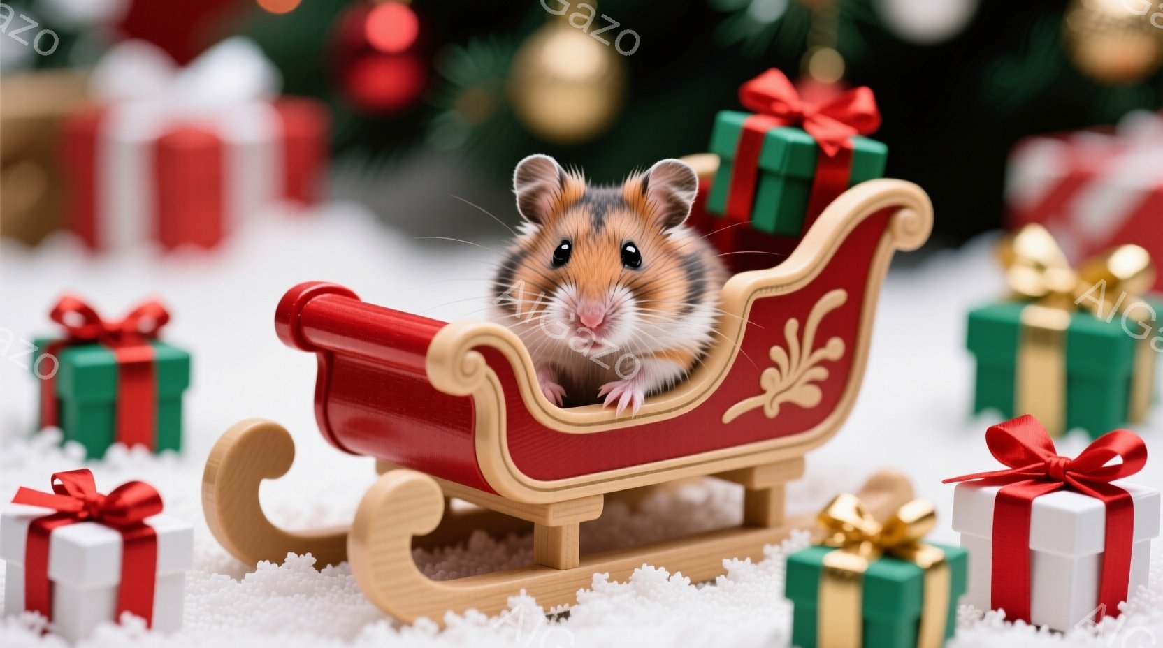 小さなハムスターが赤いそりに乗って微笑んでいます。そりの周りには、緑と赤のリボンで飾られたギフトボックスが散らばり、背景にはぼやけたクリスマスツリーが見えます。全体的に暖かく、お祝いの雰囲気で、冬のホ - AI生成フリー素材