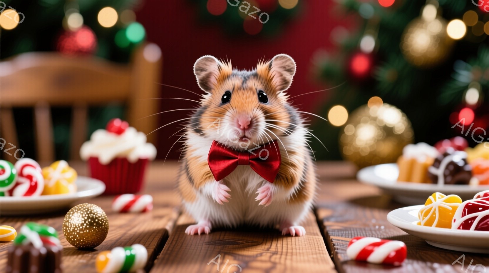茶色と白の毛並みを持つハムスターが、赤い蝶ネクタイをつけて木製のテーブルの上に座っています。その表情は穏やかで、少し上を見ている様子です。背景には、クリスマスツリーのぼやけた光と、キャンディやカップケ - AI生成フリー素材