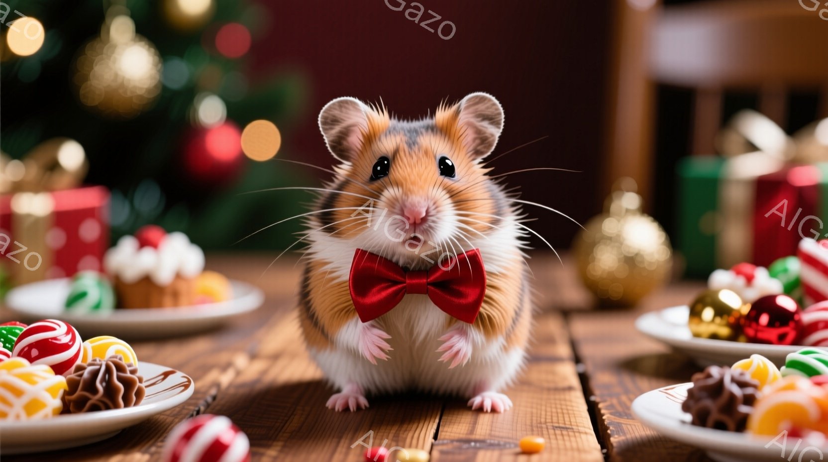 ハムスターが赤い蝶ネクタイを身に着け、木の板の上に座って正面を見ています。背景には、クリスマスツリーのぼやけたライトと、キャンディーや焼き菓子が盛り込まれたお皿がいくつか配置されています。全体的に、暖 - AI生成フリー素材