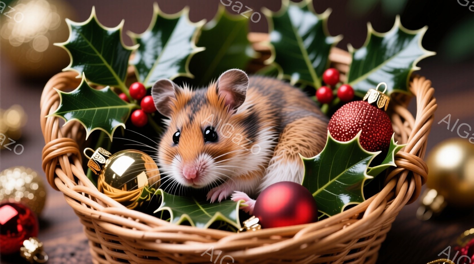 小さなハムスターが、クリスマスオーナメントと葉っぱで飾られた編みかごの中に座っています。ハムスターは茶色と白の毛並みで、きょろきょろと周りを見渡す表情をしています。背景にはぼやけたクリスマスツリーの飾りが見え、全体的に暖かく、お祝いの雰囲気です。