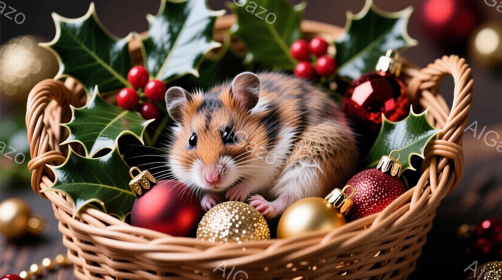 ハムスターがバスケットの中にいます。クリスマスツリーの葉や赤い実、キラキラ光るオーナメントに囲まれ、リラックスした様子で丸まっています。背景はぼかされており、暖かくお祝いの雰囲気を感じさせます。 - AI生成フリー素材