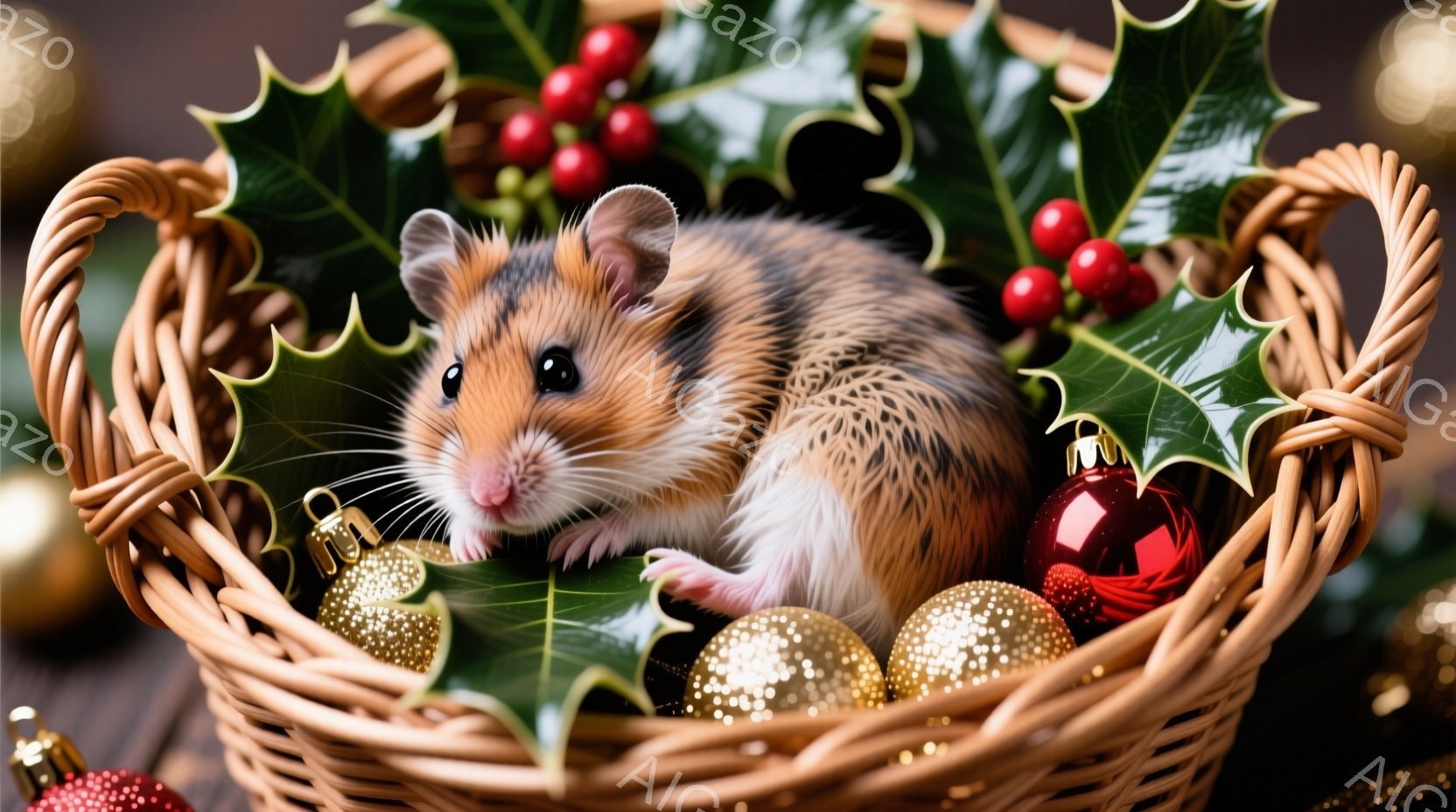 小さなハムスターが、クリスマス飾りでいっぱいのバスケットの中に座っています。ハムスターは茶色と白の毛並みで、可愛らしい表情をしています。背景には木製のテーブルと、緑の葉と赤い実、金色のオーナメントが散 - AI生成フリー素材