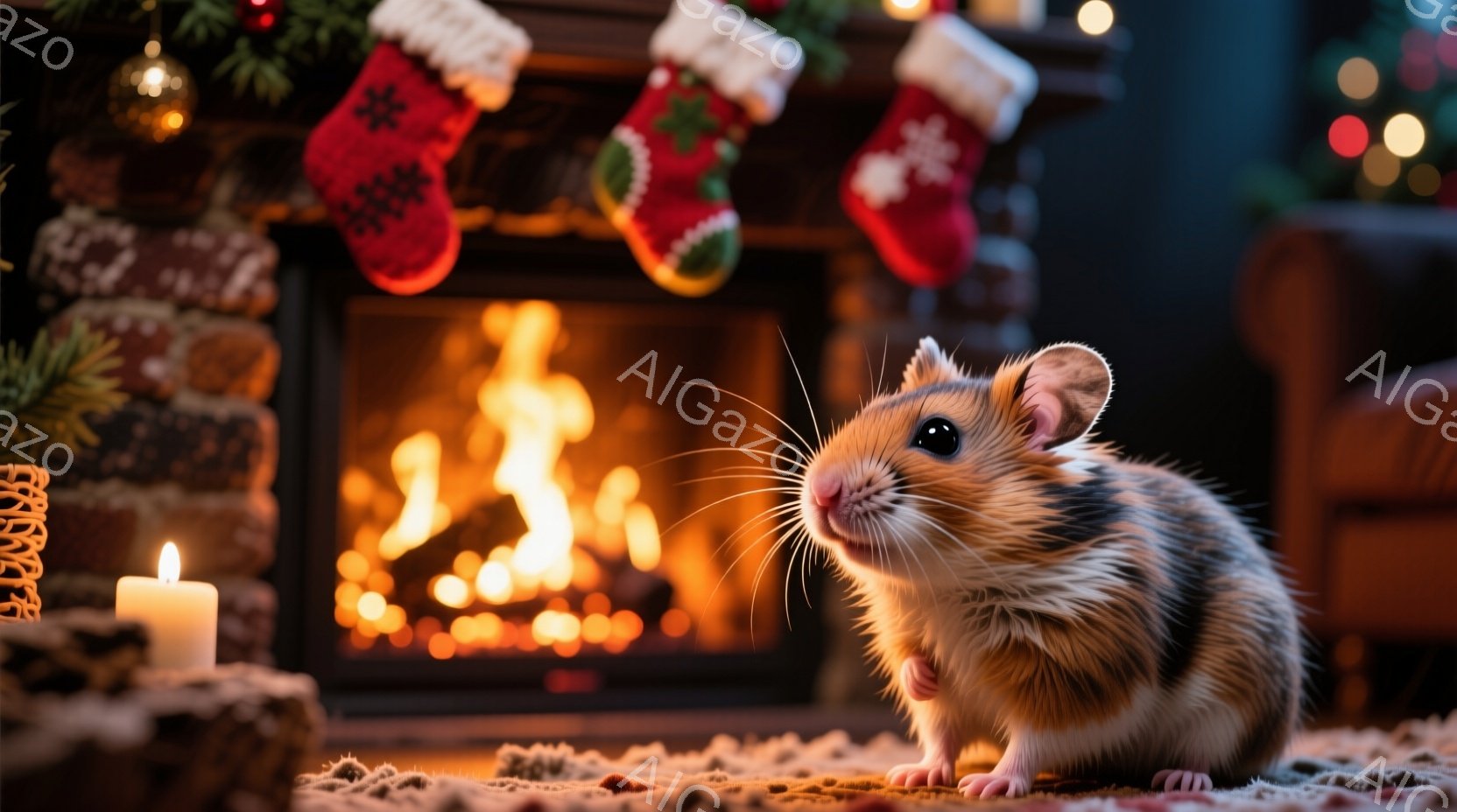 ハムスターが暖炉のそばに座り、嬉しそうな表情でカメラを見つめている。背景には、クリスマスソックスが暖炉に掛けられ、暖炉の中では炎が燃え盛っている。温かく、心地よい雰囲気で、冬のクリスマスの情景が表現されている。