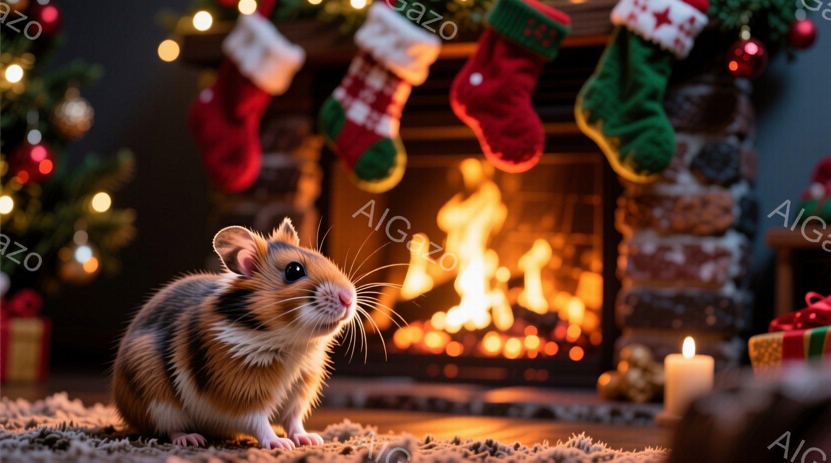 ハムスターがカーペットの上に座り、少し上を見ている。背景には、暖炉の火が燃え、クリスマスストッキングやプレゼントが飾られている。全体的に暖かく、お祝いムードにあふれた雰囲気で、冬のホリデーシーズンを象 - AI生成フリー素材