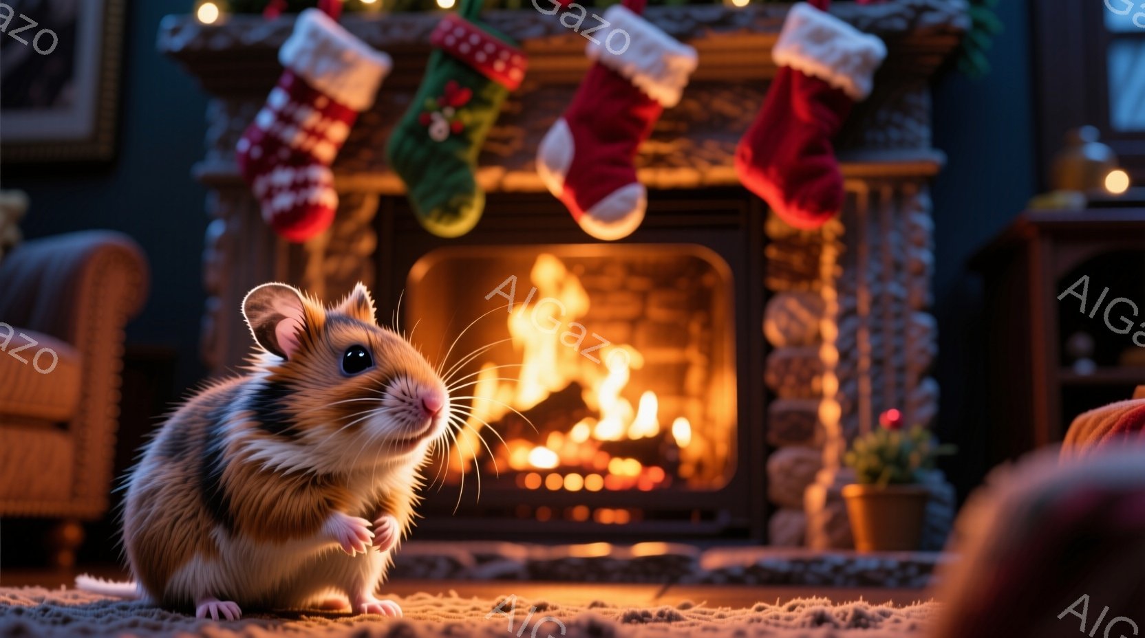 ハムスターがカーペットの上に座り、前足を少し上げて何かを見つめている。背景には暖炉があり、火が燃え、クリスマスソックスが暖炉の上に飾られている。暖炉の周りには植物や家具があり、温かく、居心地の良いクリスマスの雰囲気が漂っている。