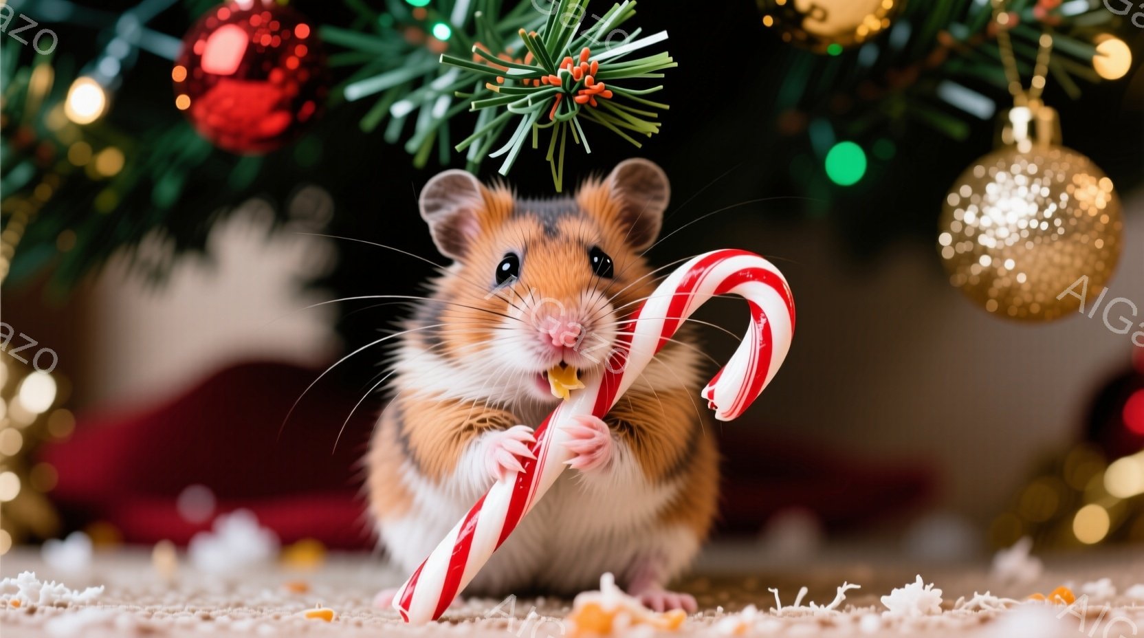 小さなハムスターが赤い模様のキャンディケーンを口にくわえ、カメラを見つめています。背景にはクリスマスツリーの飾りや赤い布が見え、クリスマスの雰囲気を感じさせます。ハムスターの毛並みは茶色と白で、つぶら - AI生成フリー素材