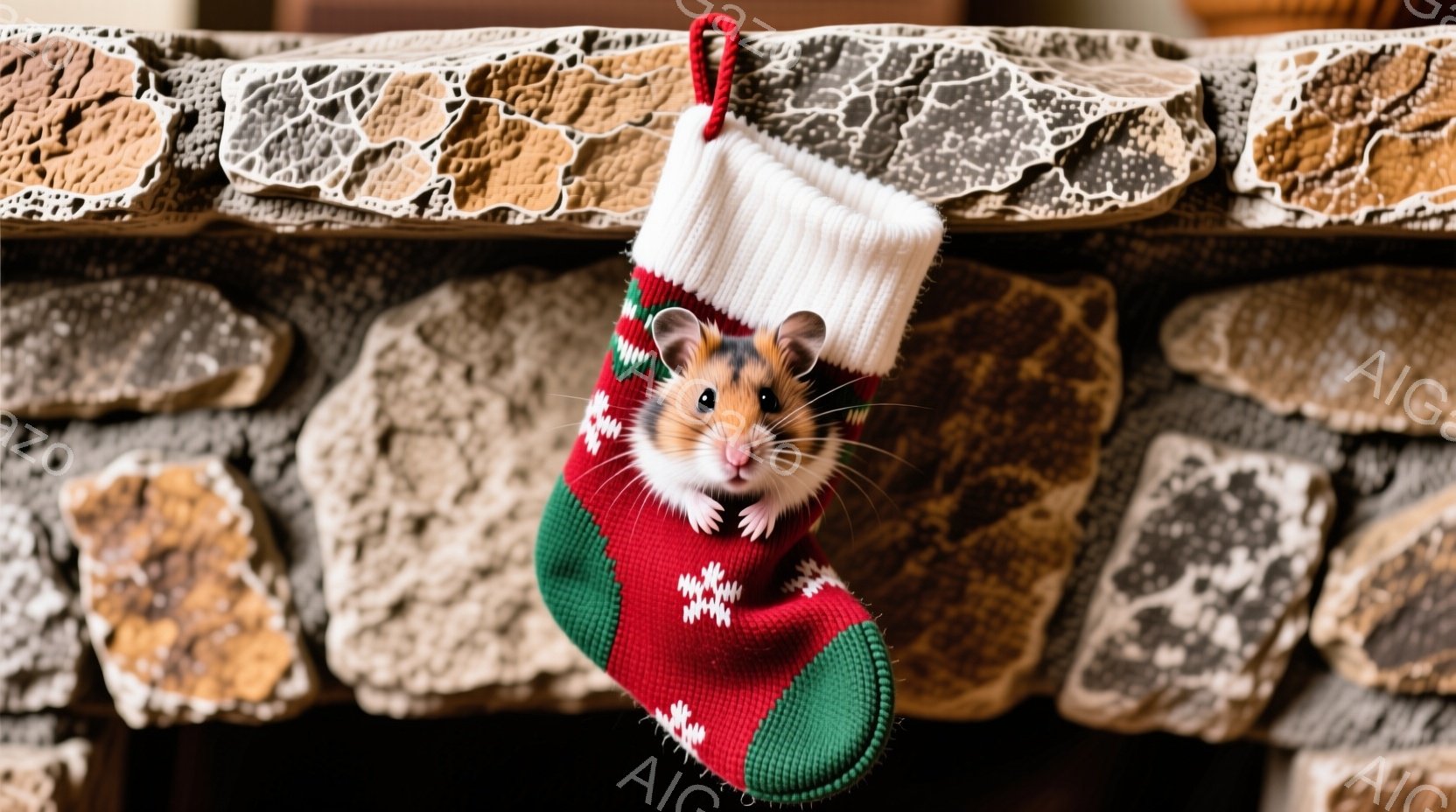 赤と緑のクリスマス柄の靴下の中から、小さなハムスターが顔を出しています。ハムスターは好奇心旺盛な表情で、少し不安げにこちらを見ています。背景は石造りの壁で、暖炉の一部であると思われます。