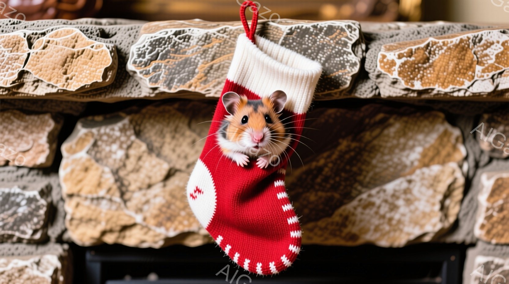 赤いクリスマスストッキングの中から、小さなハムスターが顔を出しています。ハムスターは好奇心旺盛な表情で、少し上目遣いをしてこちらを見ています。背景は石造りの壁で、暖かく穏やかなクリスマスの雰囲気を醸し出しています。
