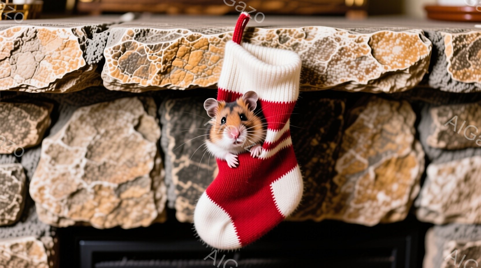 赤と白のストライプのクリスマスストッキングの中に、小さなハムスターが顔を出しています。ハムスターは好奇心旺盛な表情で、少し不安そうに外を見つめています。背景には石造りの暖炉があり、暖かく家庭的な雰囲気 - AI生成フリー素材