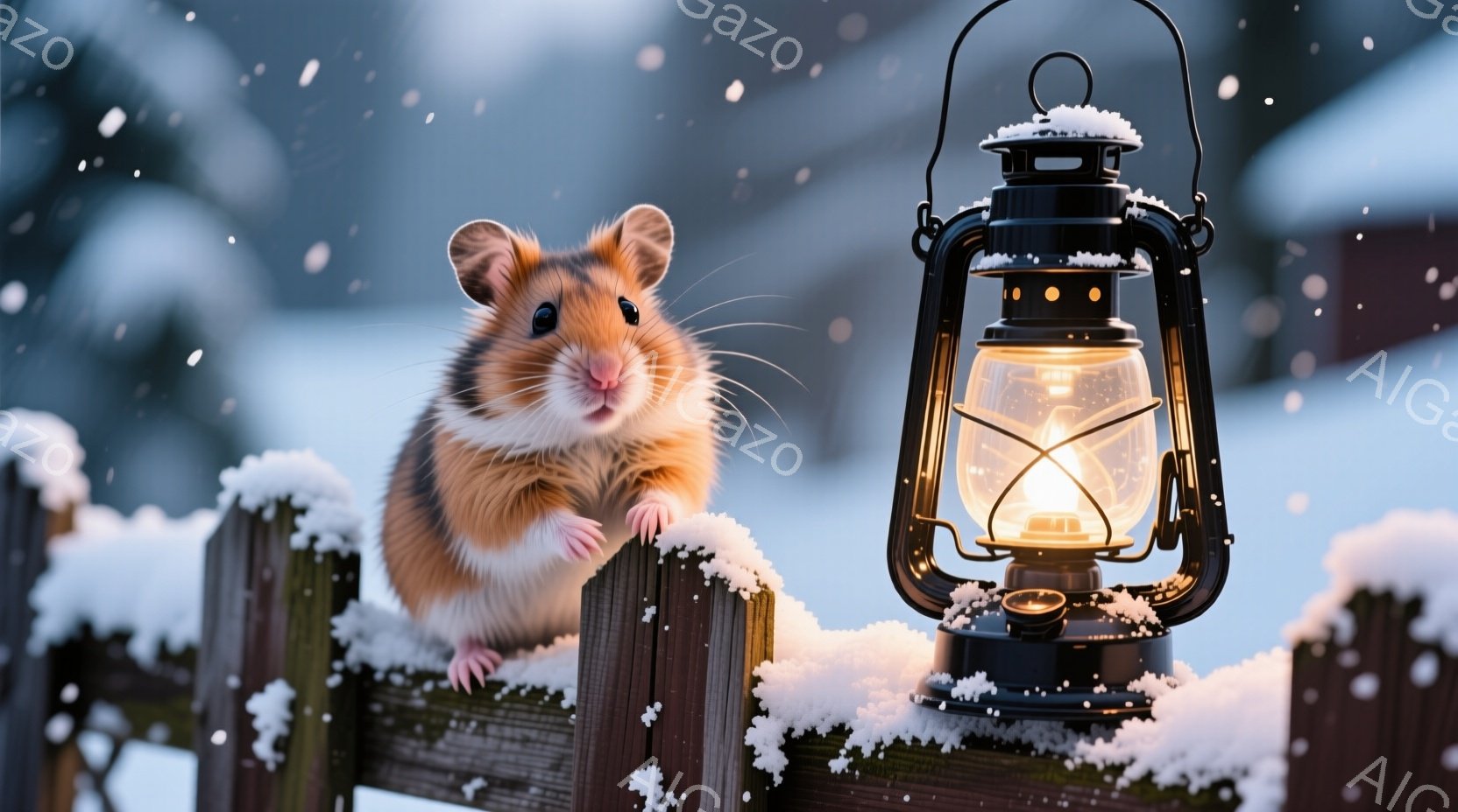 茶色と白のハムスターが雪に覆われた木製の柵の上に立っており、少し驚いたような表情でカメラを見ている。背後には、ぼやけた背景に建物や木々が見え、雪が舞っていることから冬の風景であることがわかる。黒いラン - AI生成フリー素材