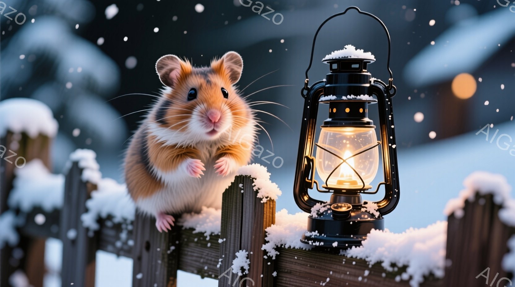 小さなハムスターが雪の積もった木製の柵の上で立ち、好奇心旺盛な表情でカメラを見つめています。背景には、雪が舞う夜の風景が広がり、遠くにはぼんやりと光る建物が見えます。暖かく光るランタンがハムスターの隣 - AI生成フリー素材