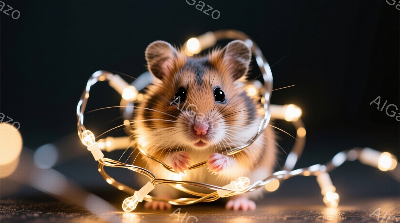 小さなハムスターが、キラキラと光る電飾に囲まれて座っています。ハムスターは前足を伸ばし、少し上目遣いでカメラを見ており、可愛らしい表情をしています。背景は暗く、電飾の光がハムスターを照らし出し、温かく - AI生成フリー素材