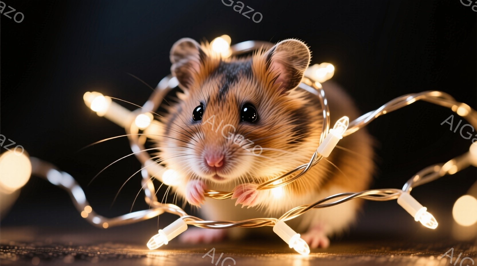 小さなハムスターが光る電飾に囲まれて、カメラに向かって少し緊張した表情で座っています。毛並みは茶色と白で、小さな前足は可愛らしく、まるでクリスマスツリーの飾りの一部のように見えます。背景は暗く、電飾の - AI生成フリー素材