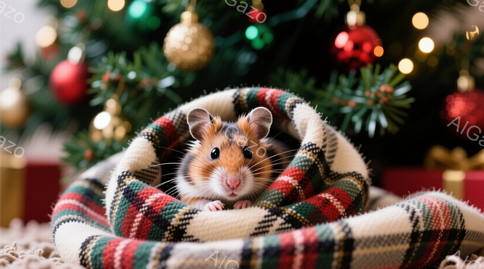ハムスターが赤と緑のチェック柄の布に包まれ、可愛らしく前を見つめている。背景にはクリスマスツリーの緑と飾り、そしてギフトボックスが見え、暖かくお祝いムードに満ちている。全体的に温かみのある、愛らしい雰 - AI生成フリー素材