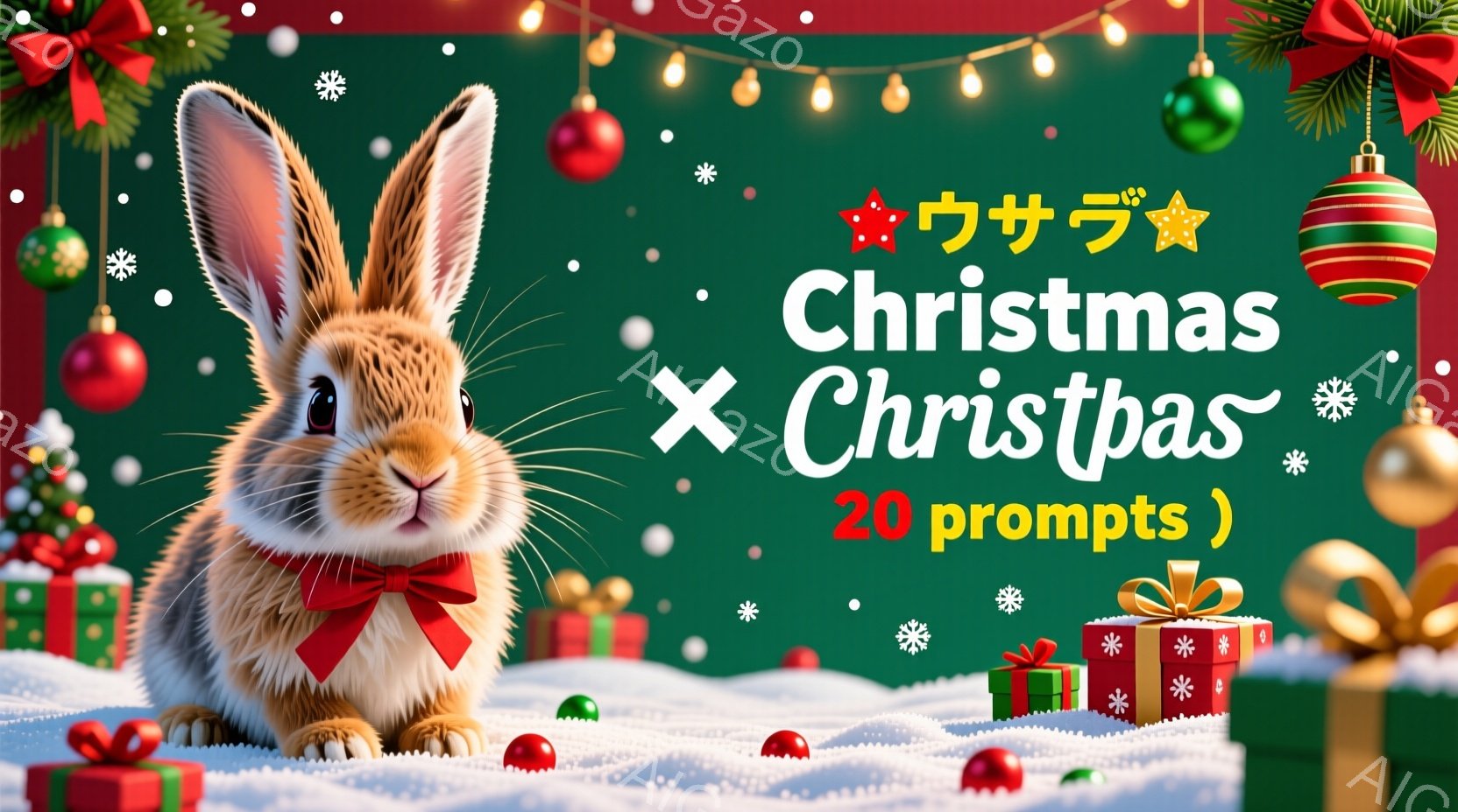 赤いリボンを首に巻いた可愛らしいウサギが描かれています。ウサギは雪の上に座り、クリスマスのプレゼントに囲まれています。背景には、キラキラと輝くクリスマスツリーのオーナメントや雪が舞っており、暖かくお祝 - AI生成フリー素材