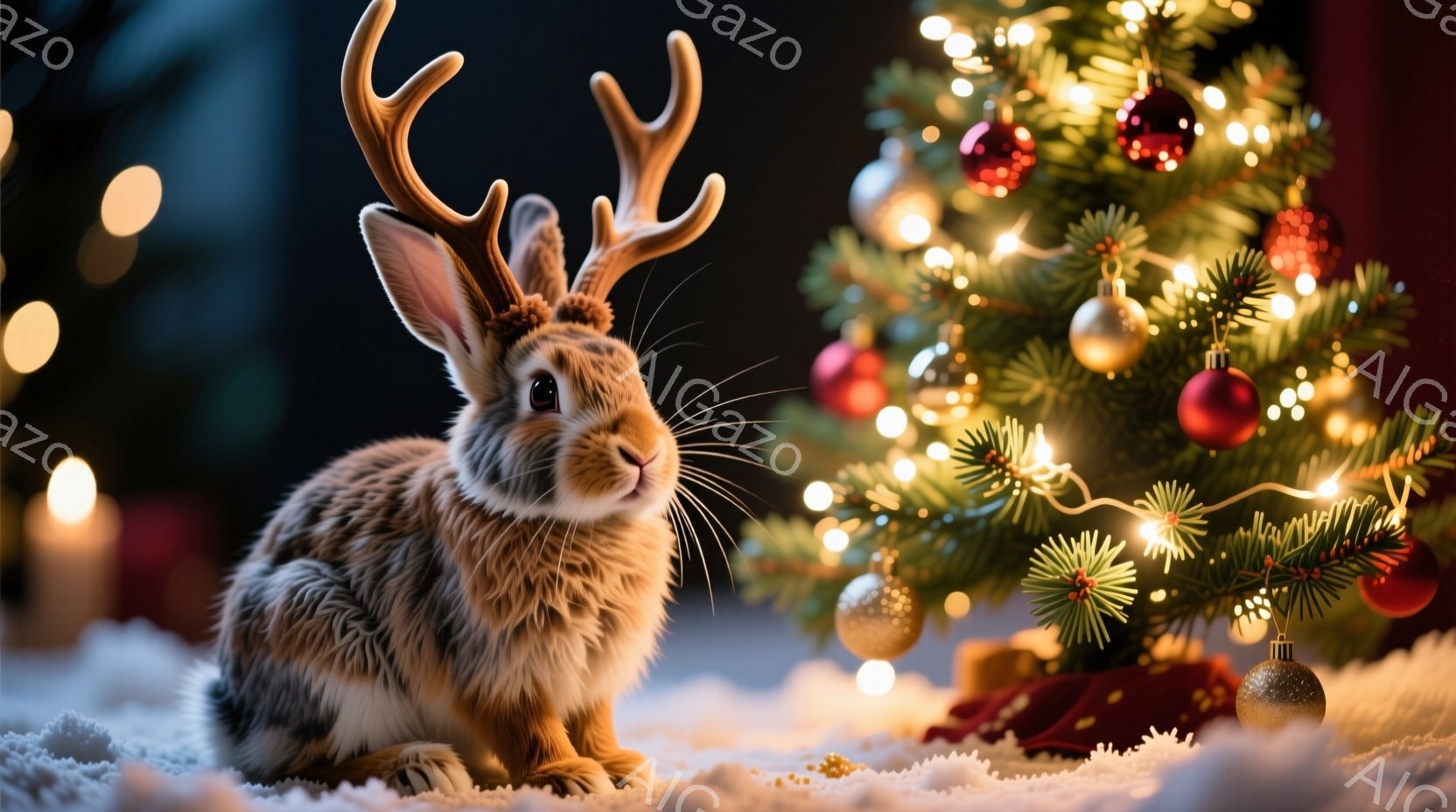 灰色の毛並みのウサギが、クリスマスツリーを背景に座っています。ウサギは頭にトナカイの角を付けており、少し驚いたような表情をしています。背景には、飾り付けられたクリスマスツリーとぼんやりとした光のぼかし - AI生成フリー素材
